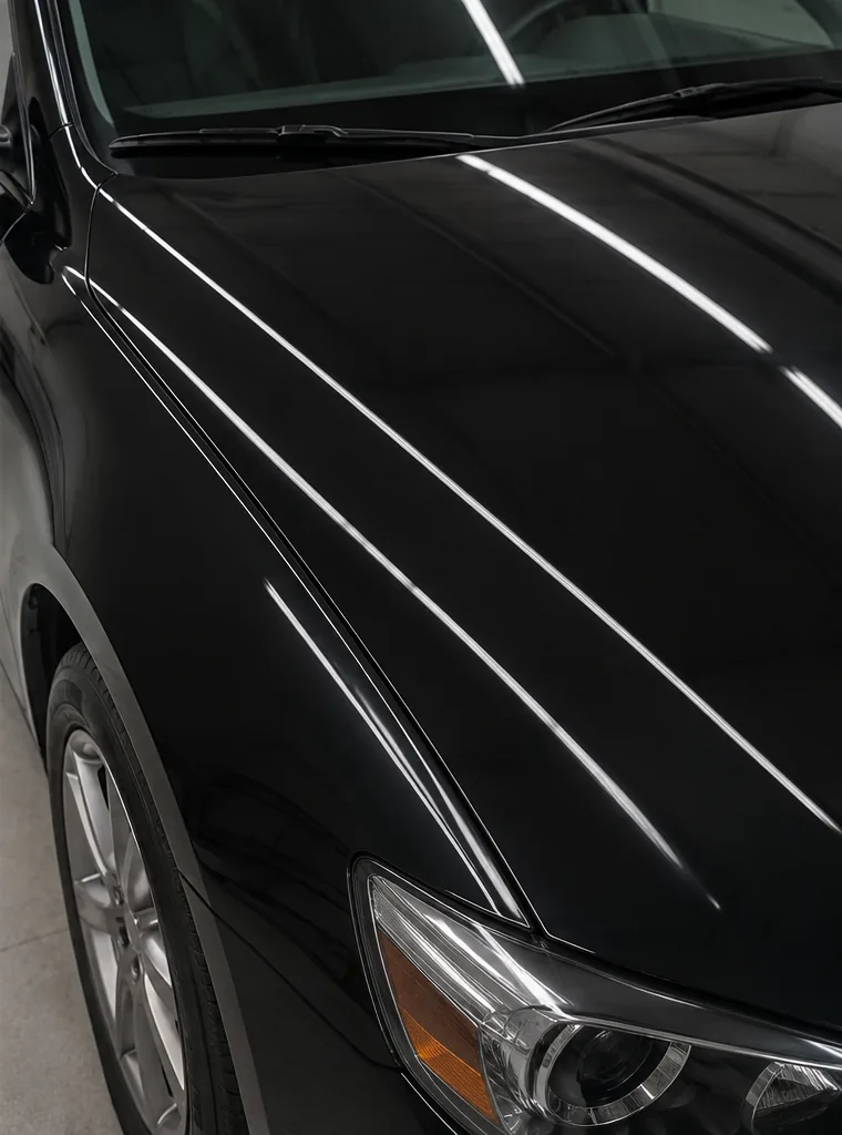 The same black car hood after paintless dent repair, smooth and glossy