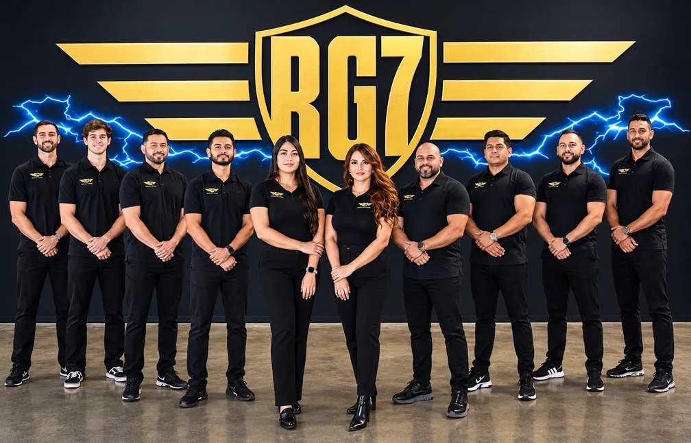 The RG7 Auto & Hail team standing in front of the gold RG7 logo wall